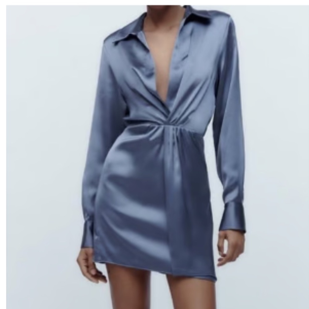 Zara Satin Mini Dress with long sleeves. New with tags XS, light blue